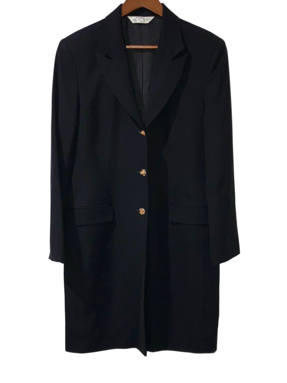 Vintage Austin Reed 100% Worsted Wool Black Gold Button Women’s Long Coat US 12